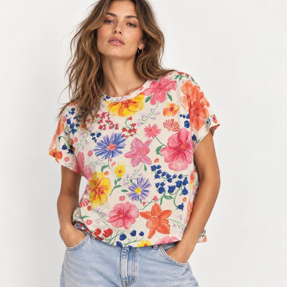 Zara Floral Print Crop Top Women’s L Multicolor Short Sleeve Crewneck Boho